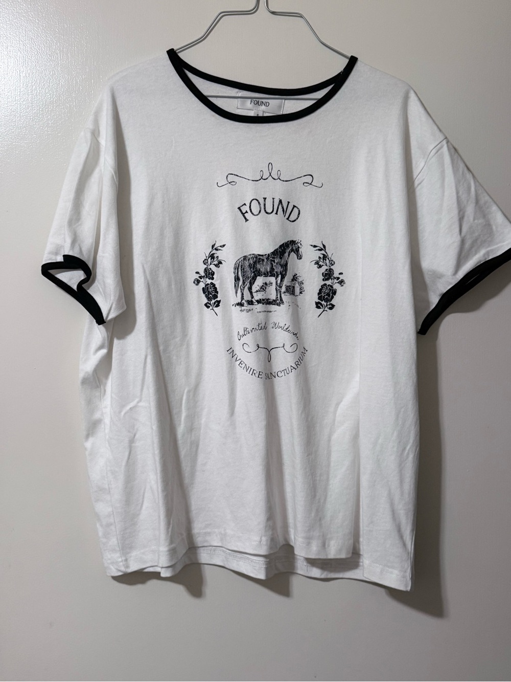 FOUND White Ringer Tee with Black Trim and Graphic Horse
